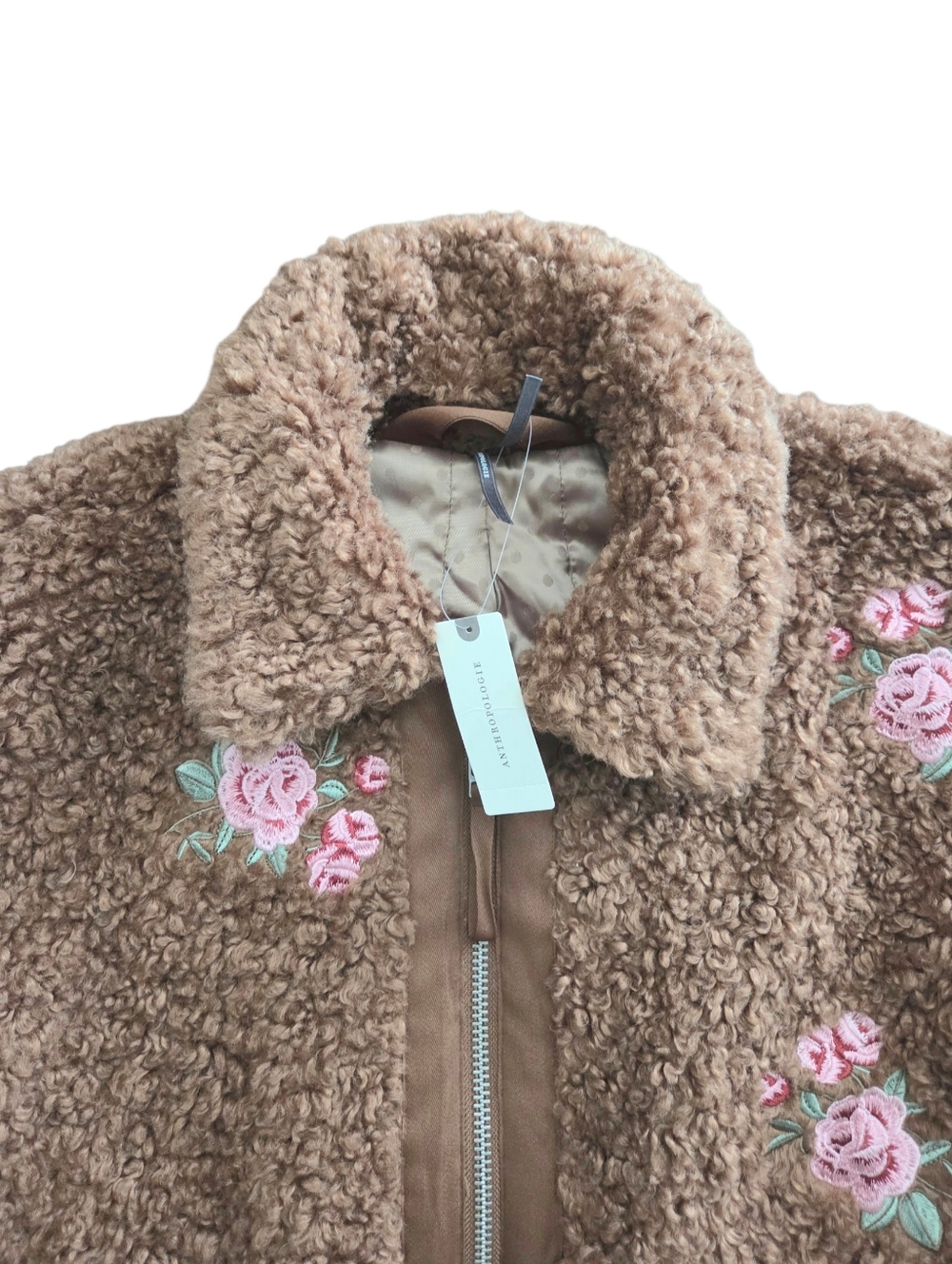 Anthropologie Floral Embroidered Sherpa Bomber Jacket - Picture 5 of 7